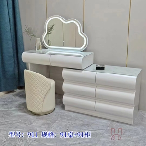 Table de vanité de chambre d'appartement moderne nordique <span class=keywords><strong>grande</strong></span> <span class=keywords><strong>commode</strong></span> d'armoire latérale avec tabouret rond de miroir de LED Table de maquillage en bois de MDF blanc - Product Image 4
