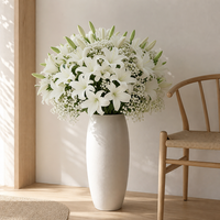 Karangan Bunga Campuran White Lily Baby Breath dengan Daun Rumput untuk Dekorasi Pernikahan, Bunga Artificial untuk Vas Rumah dan Rangkaian Meja