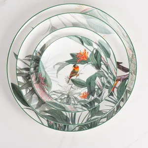 Hot sale Dinnerware Sets Luxury Round Tableware Fine Porcelain Dinner Flower bird Set Bone China