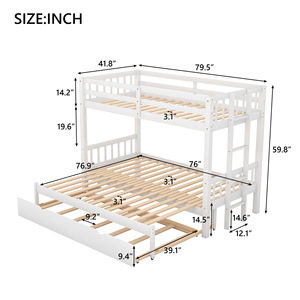 เตียงสองชั้นไม้สีขาวพร้อมเตียงเสริมแบบมีที่เก็บของสำหรับห้องนอนเด็ก - Product Image 4