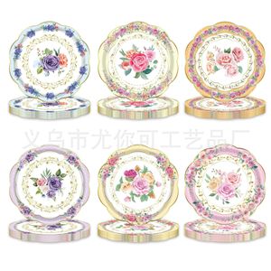 Assiettes en papier jetables à thème floral, design classique rond, pour les occasions de goûter, série rose, jaune, bleu - Product Image 1