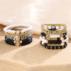 Black And <b>White</b> Polymer Clay <b>Bracelet</b> Set Smile Face Beaded Women Fashion Jewelry Ethnic Style Summer 2023 Yiwu Origin - Product Image 1