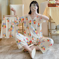 Ensemble de pyjama d'été pour femmes en polyester à manches courtes léger 3 pièces avec masque de sommeil