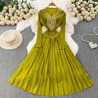 Robe élégante de luxe léger à col en V pour femme, manches longues, taille cintrée, jupe plissée trapèze, robe de bureau, vêtements pour femmes