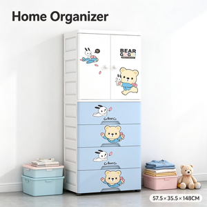 Armoire pour enfants en plastique PP motif ours et lapin, 57,5x35,5x148CM, armoire bébé avec porte et tiroirs de rangement, vente en gros - Product Image 4