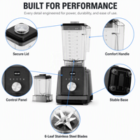 Mixeur robuste 2,6 L avec tasse en plastique, commande par bouton, nettoyage écologique en un clic, lames en acier inoxydable 304, idéal pour l'hôtellerie