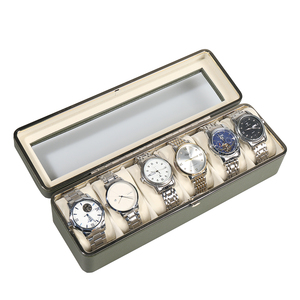 Hộp đựng đồng hồ bằng da PU, viền kim loại 4 màu, 6 ngăn, bên trong lót nhung đẹp, có nắp kính - Product Image 1