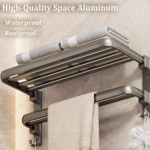 Porte-serviettes gris anthracite sans perçage, support mural avec étagère de rangement pour salle de bain, toilettes, douche - Product Image 5