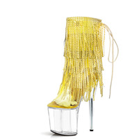 Bottines à bout ouvert transparentes à plateforme 20 cm (8 pouces) avec strass et pompons, sexy, à semelle épaisse, talon aiguille, style exotique, avec bride fine