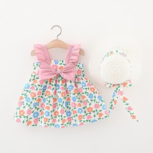 Vestido con Estampado Floral y Volantes con Lazo, con <span class=keywords><strong>Sombrero</strong></span> de <span class=keywords><strong>Paja</strong></span> a Juego, para Niñas Pequeñas, Ropa de Verano para Exteriores - Product Image 1
