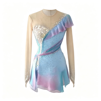Robe de patinage artistique dégradé bleu rose, col en V, manches longues, dos ouvert, volants, strass, costume de compétition pour filles et femmes