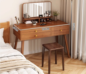 Table de maquillage en bois massif de style américain avec miroir, coiffeuse intégrée pour chambre à coucher, petite console moderne avec rangement - Product Image 2