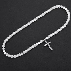Vente directe d'usine, collier en perles blanches avec pendentif croix en zircon et cuivre, plaqué or 18 carats, collier unisexe - Product Image 2