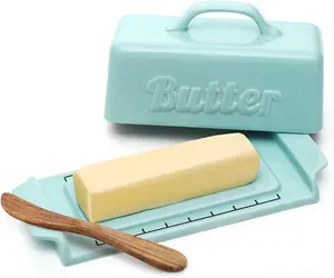 צלחת חמאה קרמית טורקיז עם מכסה צלחת חמאת פורצלן עם מדידות חיתוך וסכין
