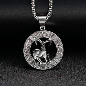 Gran oferta <span class=keywords><strong>pareja</strong></span> calidad hipoalergénica joyería de acero inoxidable Retro oro plata hueco signo del zodiaco alivio colgante collar - Product Image 3