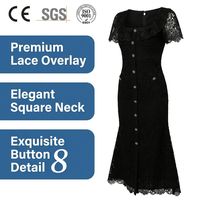 Robe longue noire en dentelle premium pour femme, écologique, unie, chic, avec col à volants, ornée de bijoux, boutonnée, taille haute, pour l'été