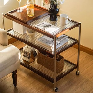 Vintage Style Side <b>Table</b> With Wheels Glass Top Storage Cart For Living Room Bedroom <b>Study</b> - Product Image 1