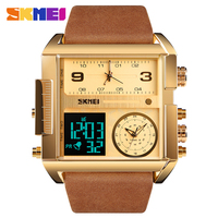 Jam Tangan Quartz SKMEI Merek Terlaris untuk Pria, Dial Persegi Besar, Layar Ganda Digital, Jam Tangan Sport Fashion, Tali Kulit Cokelat