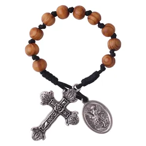 8mm Wooden Beads One Decade Pocket Rosary with Antique Silver Alloy St.Michael Pendant and Cross