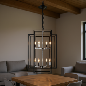 Lámpara Colgante Rectangular con Marco de Hierro Negro, Bombilla LED E14, Altura Ajustable, Lámpara de Techo Interior de Gran Tamaño, Acabado Cromado - Product Image 2