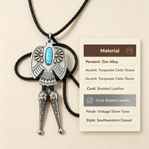 Cravate Bolo Western Vintage pour Homme avec Pendentif Aigle, Pierre Turquoise et Cordon en Cuir Tressé – Accessoire Décontracté pour Chemise Style Sud-ouest - Product Image 3