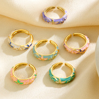 Bagues ouvertes ajustables en or plaqué vintage chic, design floral en émail cloisonné chinois pour femmes
