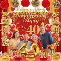 Décorations pour 40e anniversaire de mariage Rouge Or, Centres de table pour 40e anniversaire, Spirales suspendues, Pompons en papier, Décoration de ballons