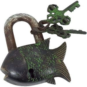 PARIJAT HANDICRAFT Functional Brass Beautiful Padlocks 3.5\" Rust Look New Item Two <b>Keys</b> Garden <b>Lock</b> Fish Padlock Unique Design - Product Image 3