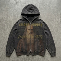 Sweat à capuche zippé boxy personnalisé 380 GSM pour homme, délavage acide, impression DTG, épaules tombantes, fermeture éclair bidirectionnelle, cordon de serrage, poche kangourou, usine OEM ODM