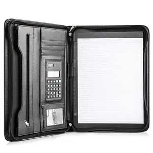 ที่ปรับแต่งด้วยซิปหนัง PU งานธุรกิจ Padfolio ออแกไนเซอร์นำเสนอสล็อตเครื่องคิดเลขพลังงานแสงอาทิตย์การ์ดจัดเก็บโฟลเดอร์