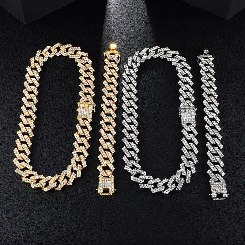 Hifive Hip Hop 20MM Gold Heavy Miami Prong Full Iced Out Paved Rhinestones Cuban Chain CZ Bling Rapper Necklaces For Men Jewelry