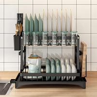 Égouttoir à vaisselle en métal à 2 niveaux pour cuisine, avec support pour couteaux et planches à découper, panier à couverts