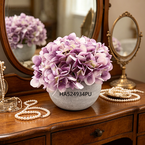 Grandes fleurs d'hortensia artificielles violettes dans un pot en pulpe de papier <span class=keywords><strong>gris</strong></span>, pétales doux, arrangement floral artificiel pour la décoration de bureau et de la maison - Product Image 1