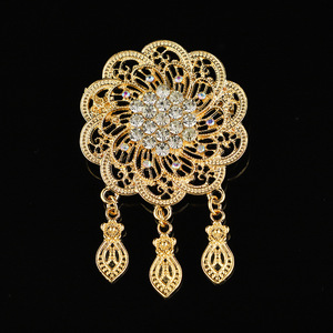 Gold Plated Alloy Crystal Flower Brooch with Hollow Design and Dangle Charms for Women Wedding Party Accessories - Product Image 4
