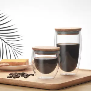 Hot sell 250ml 350ml 450ml High borosilicate double wall glass coffe cup with silicone bamboo lid