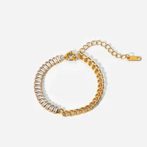 Gelang rantai Splice wanita, perhiasan tangan baja tahan karat emas 18k zirkon berlian penuh untuk pesta dan hadiah berlapis emas