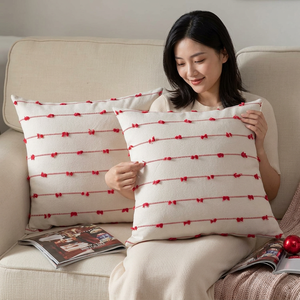 Cotton <b>Throw</b> Pillow Square Embroidered <b>Red</b> Stripes Minimalist Decorative Cushion Washable Envelope Closure - Product Image 1