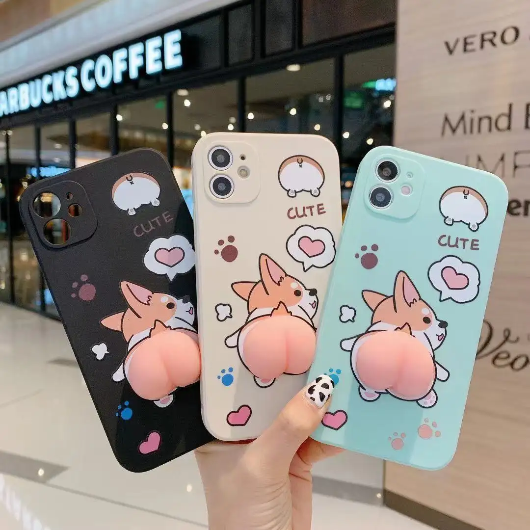 Cute Funny Cartoon Anime 3D Pink Butt Corgi Dog Soft TPU Silicone Rubber Squeeze Phone Case For iphone 13 12 11 pro max X XR XS