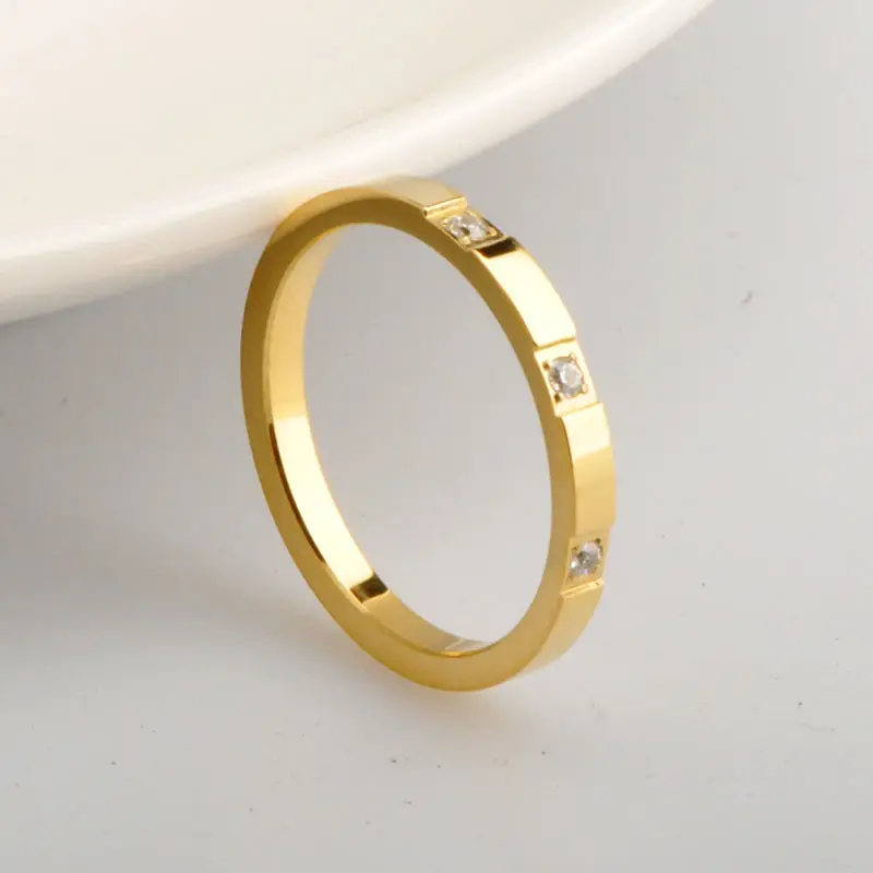 Waterproof Zircon Diamond Inlaid Women Elegant Thin Band Ring 18K Gold Rose Gold Plated Stainless Steel Zircon Ring