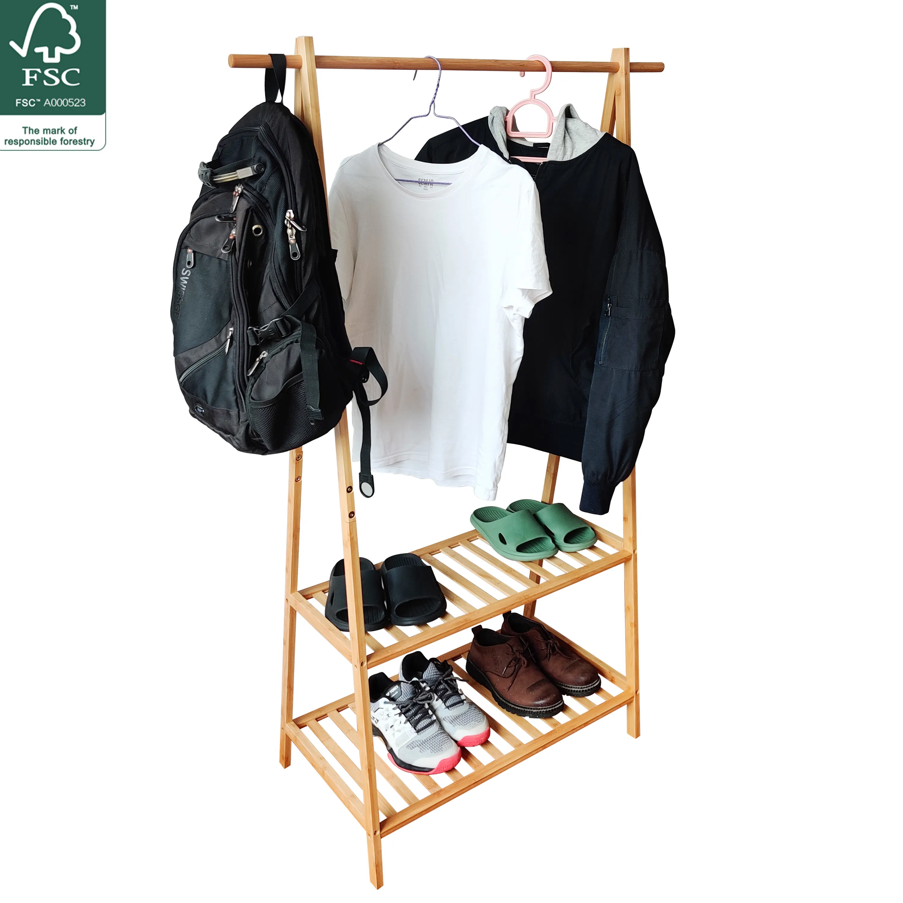 Estante colgante de ropa de bambú con estantes de almacenamiento y 2 ganchos para abrigos Estante de lavandería portátil Organizador más cercano Estante de ropa