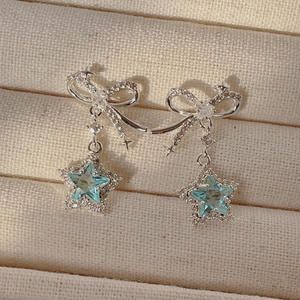 Pendientes de Plata de Ley S925 con Diseño de Lazo y Estrella Azul Marino, Sensación Fresca de Verano, Pendientes Largos Versátiles de Alta Gama, Diseño Azul Transparente - Product Image 5