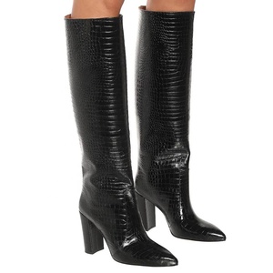 Genou haut grosses bottes <span class=keywords><strong>noir</strong></span> Crocodile bloc <span class=keywords><strong>talon</strong></span> longue botte haute dames chaussures d'hiver 2021 - Product Image 5