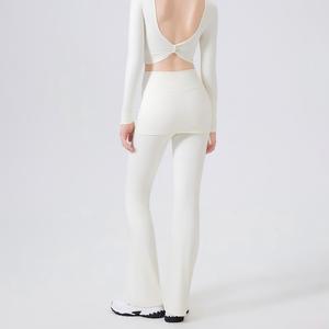 Wholesale Women 2-in-1 Skirted <b>Flare</b> Yoga Pants High Waist Ruched Butt Lift <b>Leggings</b> Pilates Workout Gym Trousers Spandex/Nylon - Product Image 3