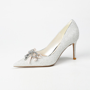 Stock 26D3 French-style Bridal <b>Shoes</b> Crystal <b>Bow</b> Women's High 2026 New Model Pointed Toe Sequined Comfortable 8 Stiletto Heel - Product Image 1