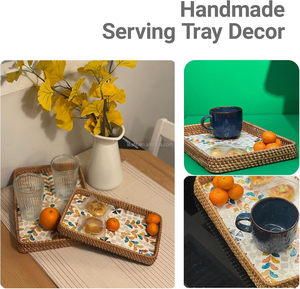 Plateau de rangement <span class=keywords><strong>en</strong></span> rotin incrusté de nacre, base <span class=keywords><strong>en</strong></span> bois, fait main, plateau <span class=keywords><strong>en</strong></span> osier, décoration de table basse, décoration de maison de style côtier, moderne et portable - Product Image 6