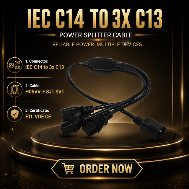 C14-3xC13 Iec 60320 Male Female Cable 3 Ways Splitter Extension Cord C14 to 3*C13 1M