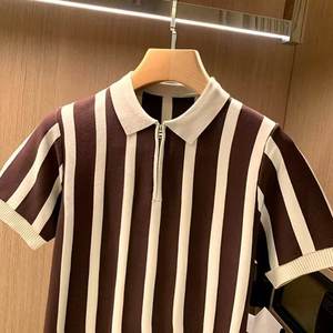 Polo de punto informal a rayas con bloque de color de Cachemira al por mayor, sudadera de manga corta con cremallera de secado rápido para hombre - Product Image 6