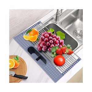Roll Up Silicone Kitchen Stainless Steel Plastic Drain Basket Organizador De Fregadero Drainer Folding Dish Drying Sink Rack