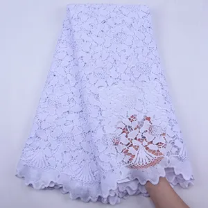 Beyaz gipür kordon yüksek kaliteli afrika dantel kumaş suda çözünür ipek süt dantel nijeryalı düğün elbisesi elbisesi dantel malzeme 2069