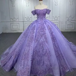 Jancember 6591 khiêm tốn màu tím ra khỏi Vai Sequins ren bóng áo choàng quinceanera Ăn mặc